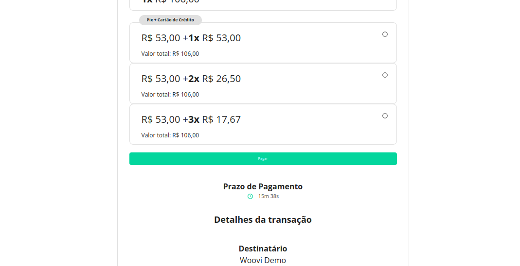 Menu de pagamento Woovi Parcelado na página de sucesso do checkout